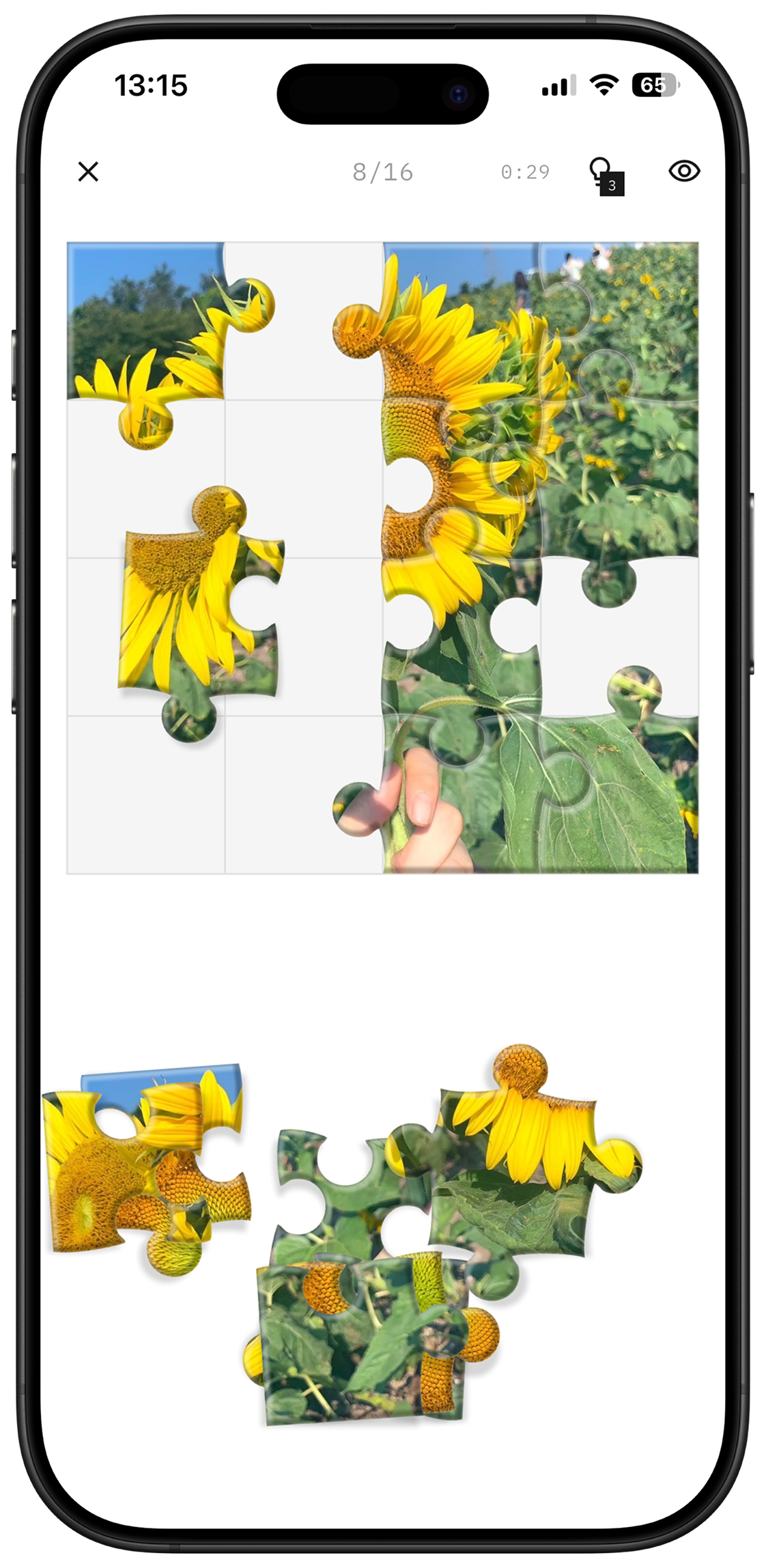 ひまわりの写真がジグソーパズルになった画面